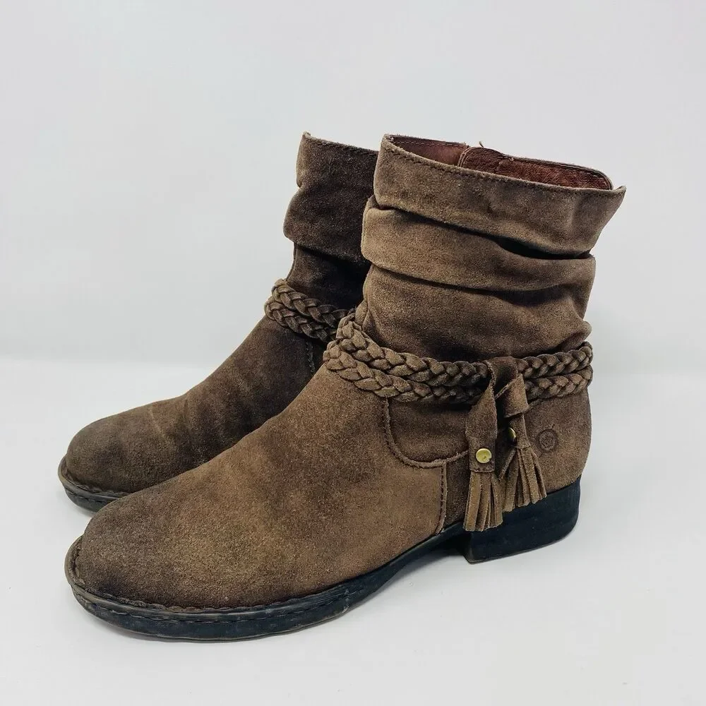 Born 7 Brown Ouvea Slouchy Zip Ankle Boots Distressed Suede Boho Western Braided